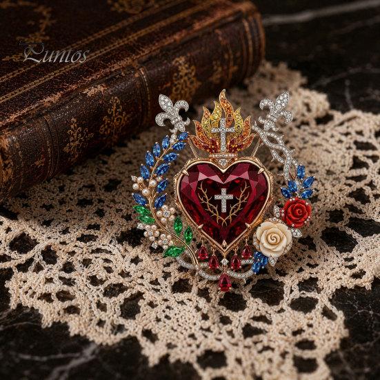Devotional Jewelry Gift 1/2Pcs Radiant Sacred Heart Floral Faux Gemstone Brooch, Christian Pin for Women, Vintage Style Religious Pin, Coat