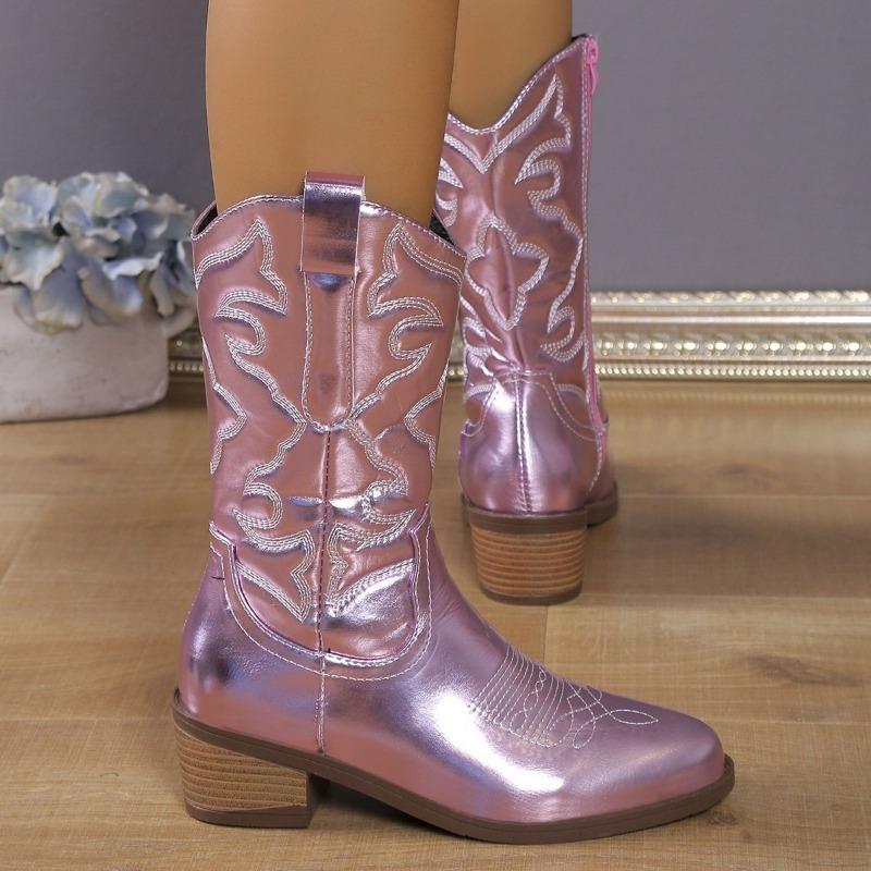 Gold Mid-calf Boots Woman Side Zipper Silver Pointed Western Cowboy Boots Retro Fashion Black Boot Plus Size 36-43 Women Shoes
