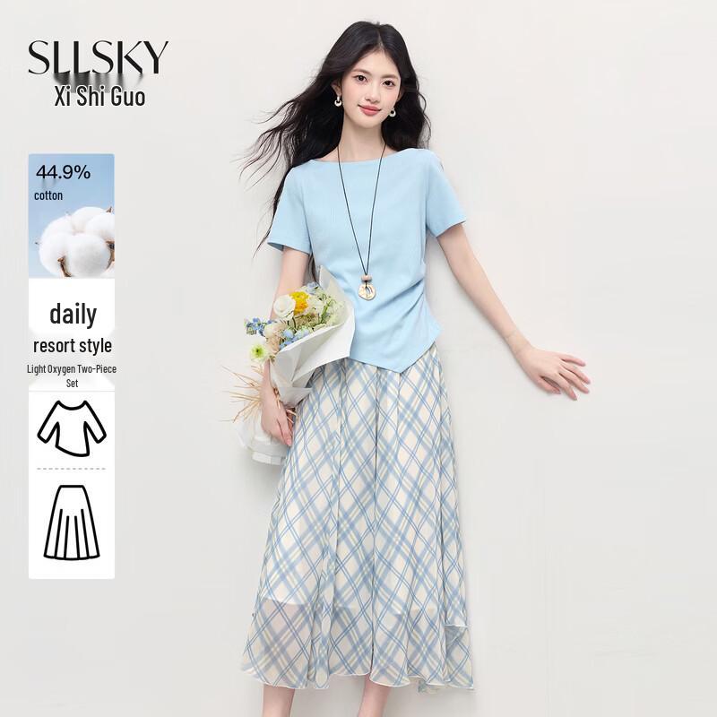 Women s French Style Summer T-shirt & Plaid Skirt Set M