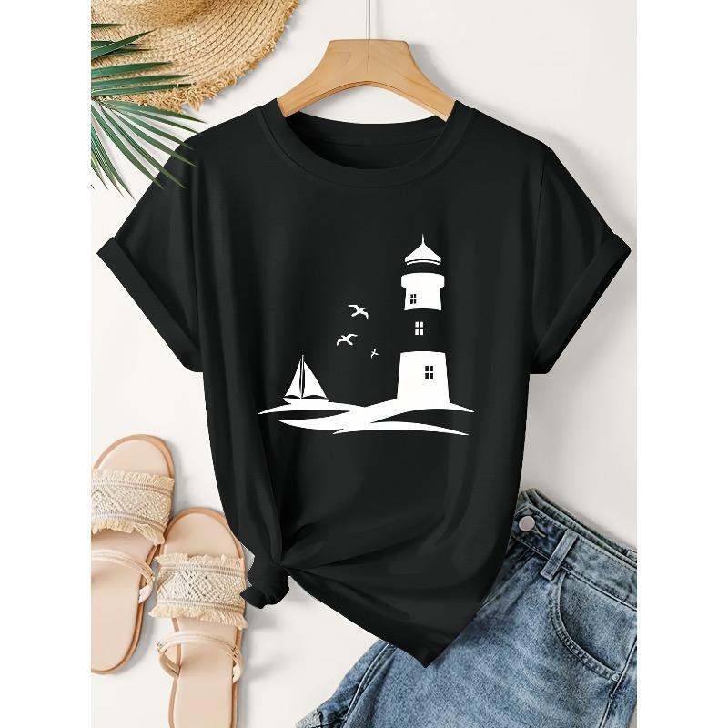 Women s Lighthouse Lighthouse Nautical Chart Lighthouse T-Shirt - Nautical Lighthouse Sailboat Seagull Beach Print Short Sleeve Blouse S