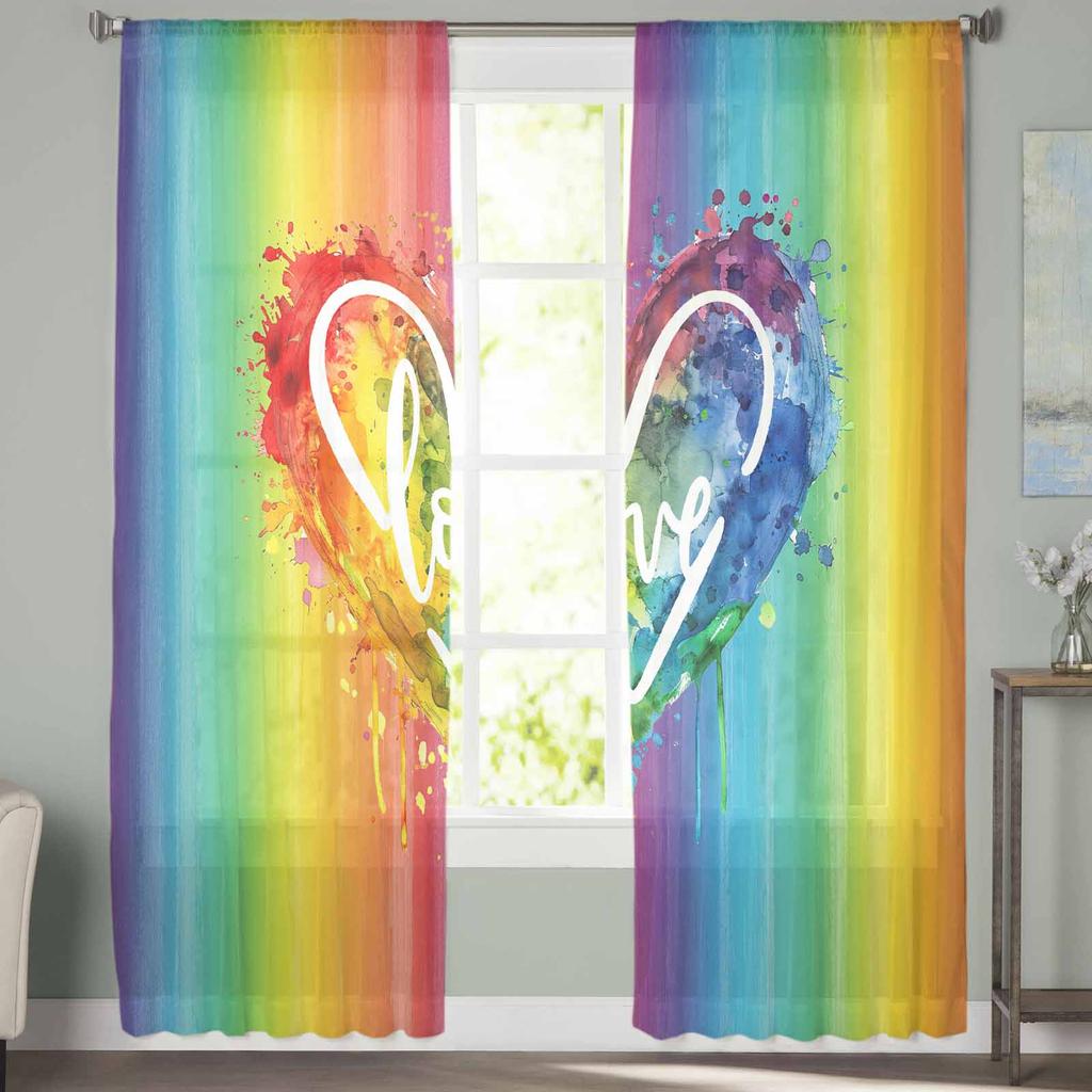 Regenbogen Aquarell Farbverlauf Handgezeichnetes Liebesherz Fenster Tüll Vorhänge für Wohnzimmer Hotel Luxus Dekoration Transparente Vorhänge