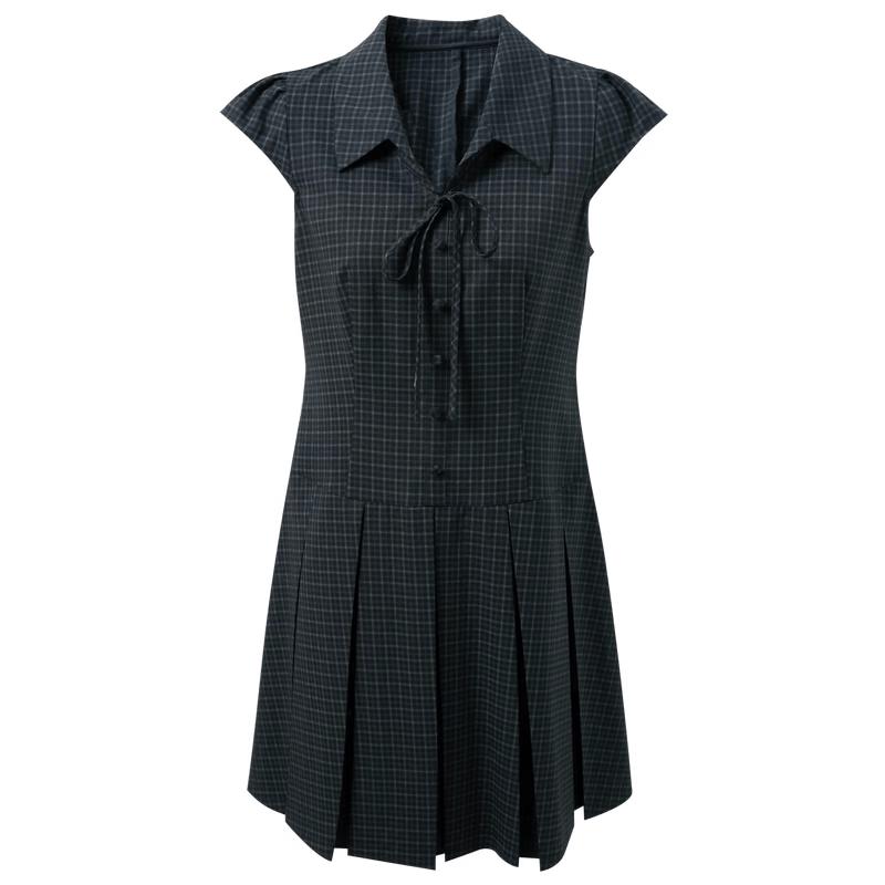 SanCai Plaid Puff Sleeve A-Line Pleated Mini Dress M