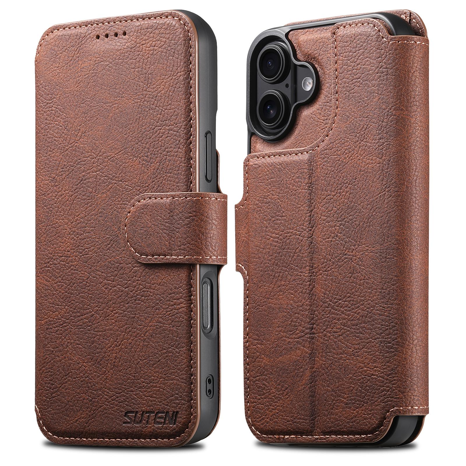 

SUTENI Q-05 For iPhone 16 Case Detachable Wallet Stand Litchi Texture Leather Flip Phone Cover Brown