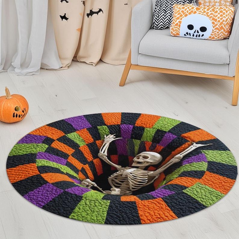 Printed 3d effect Skeleton Halloween Round Rug, Spooky Ghost Welcome Doormat, Creepy Bone Pattern Carpet for Indoor Decor