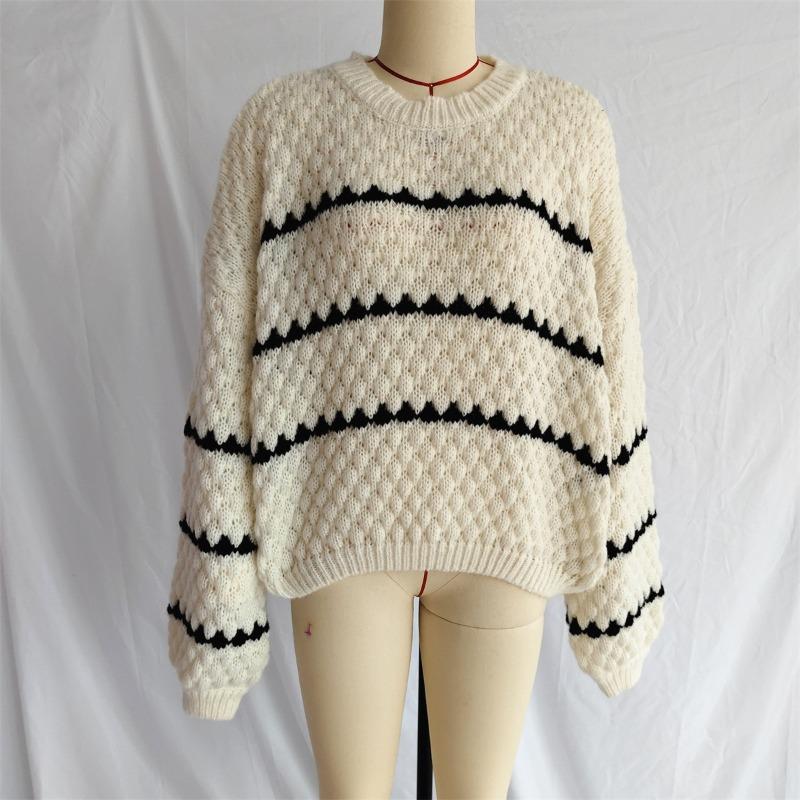 Women Autumn Winter Contrasting Crochet Knitted Sweater Casual O Neck Lantern Long Sleeves Loose Pullover Chic Lady Street Tops