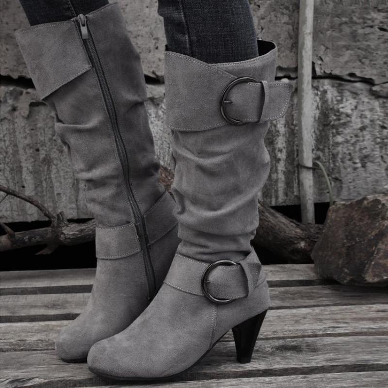 Large Size Kitten and Fashion Boots Autumn and Winter New Tall Tube But Knee Round Head Buckle Belt Women's Boots