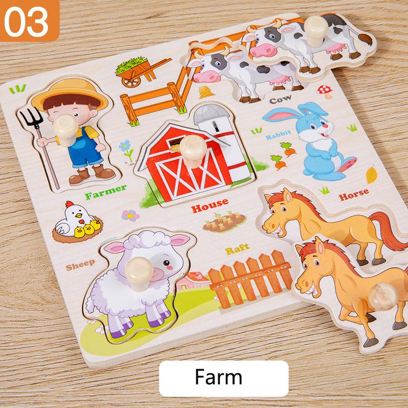 Ranch Animal Hand Grip Board Puzzle Montessori Early Education Wooden Three-dimensional Pegged Puzzle Toys for Children 1-3 Year