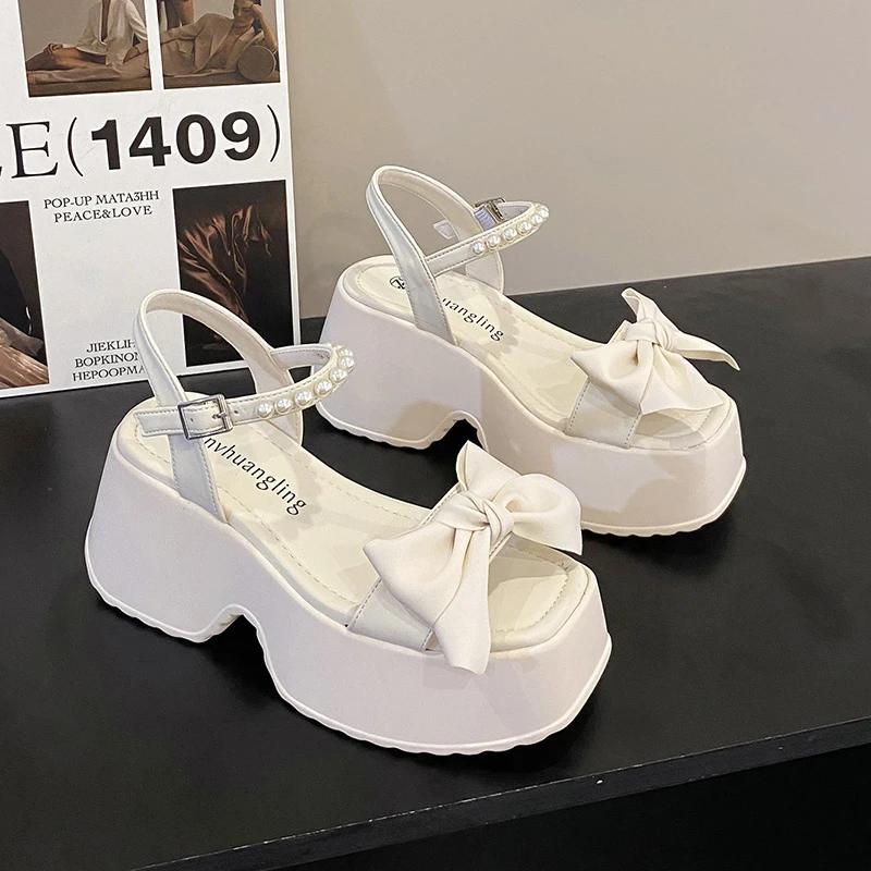 Korean Version Bowknot Margarite Thick Bottom Roman Sandals 2024 New Fashion Casual All-match Solid Color Heels Women Summertime