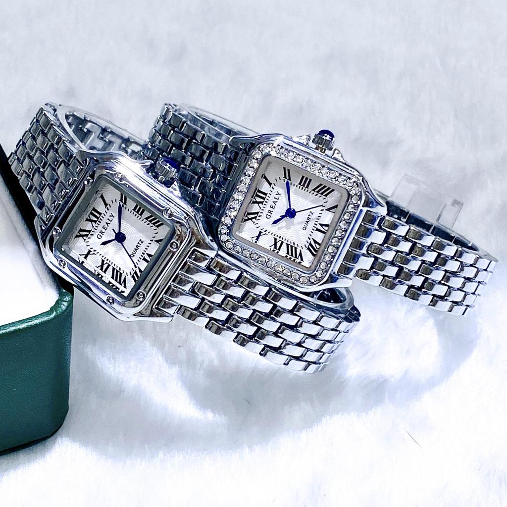 GREALY 2024 Dámské vodotěsné módní křemenné náramkové hodinky se čtvercovým pouzdrem a diamanty