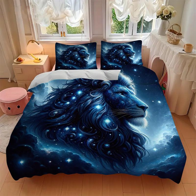 3pcs Starry Sky Majesty Lion Printed Bedding Set, Soft and Comfortable Quilt Cover for Bedroom, Guest Room (1 Duvet Cover + 2 Pillowcases, Pillow