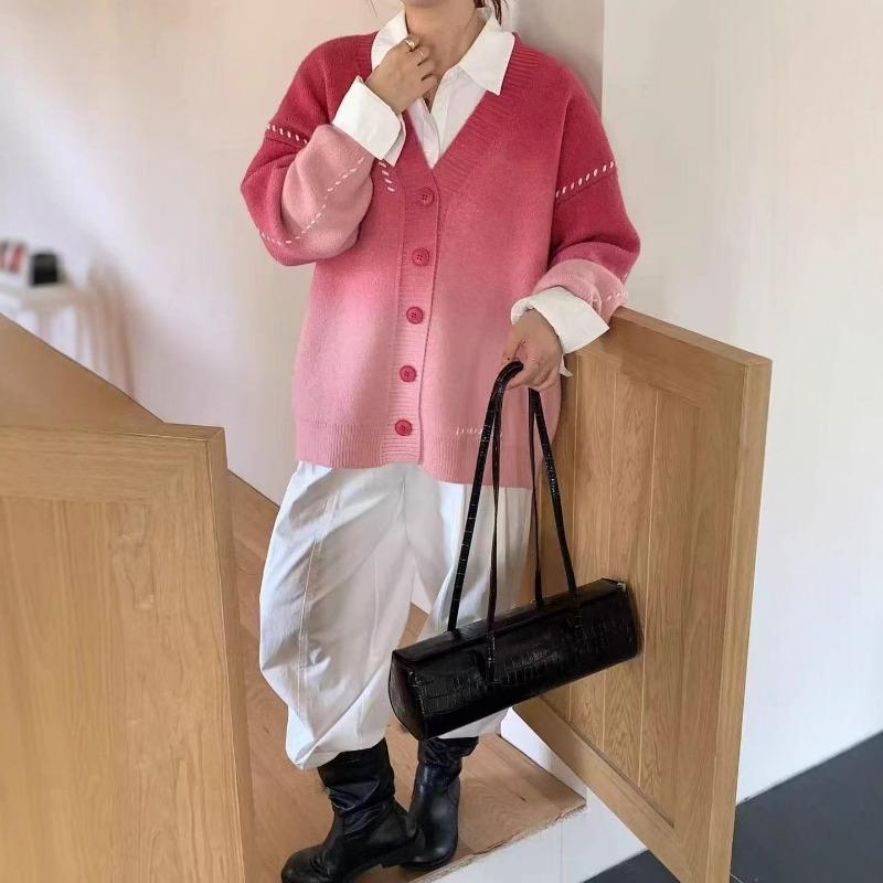 Versatile gradual change knitted cardigan autumn and winter new loose casual lazy wind sweater jacket women