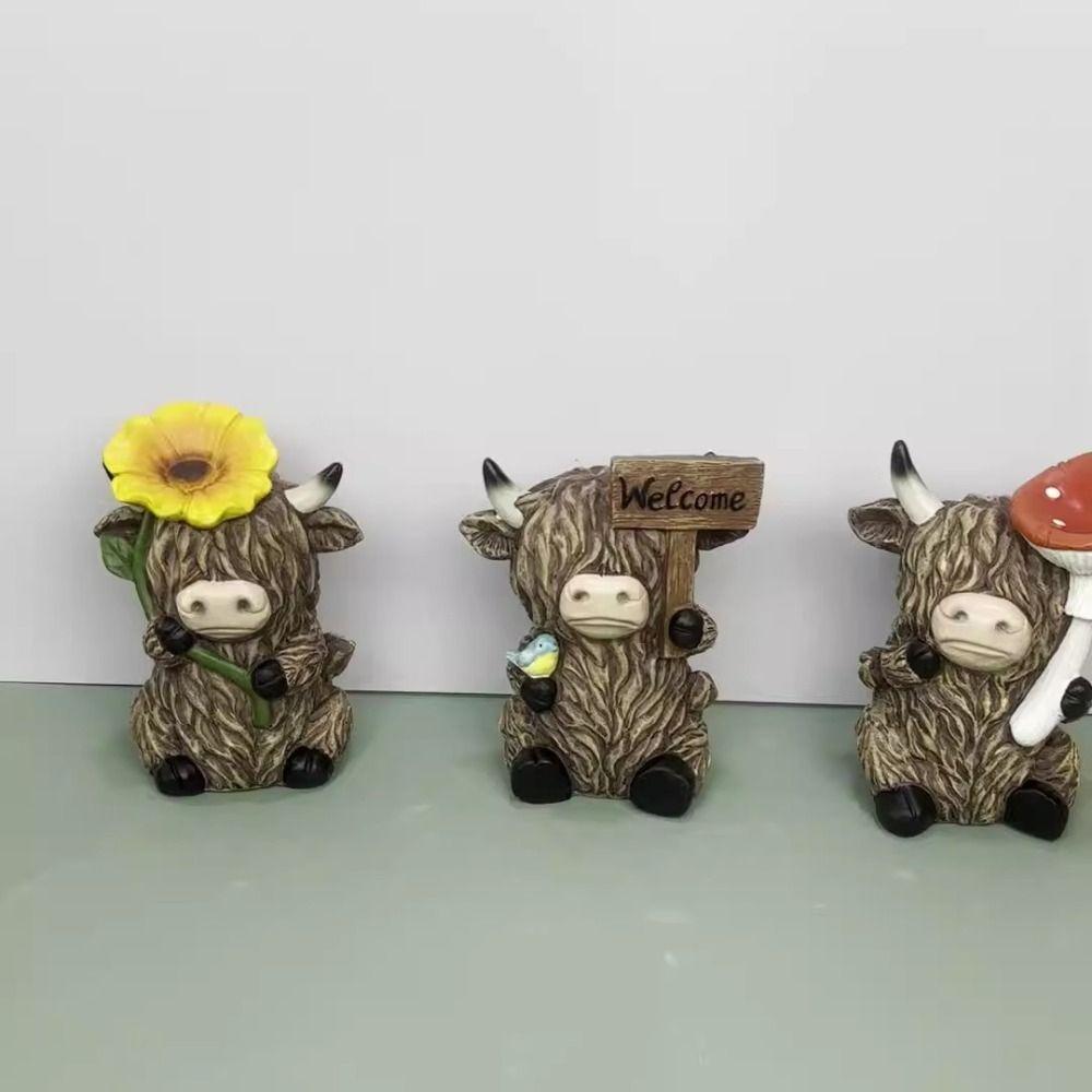 Cute Cow Statue Adorable Animal Sculpture Ornament Crafts Highland Yak Sign Figurine  Garden