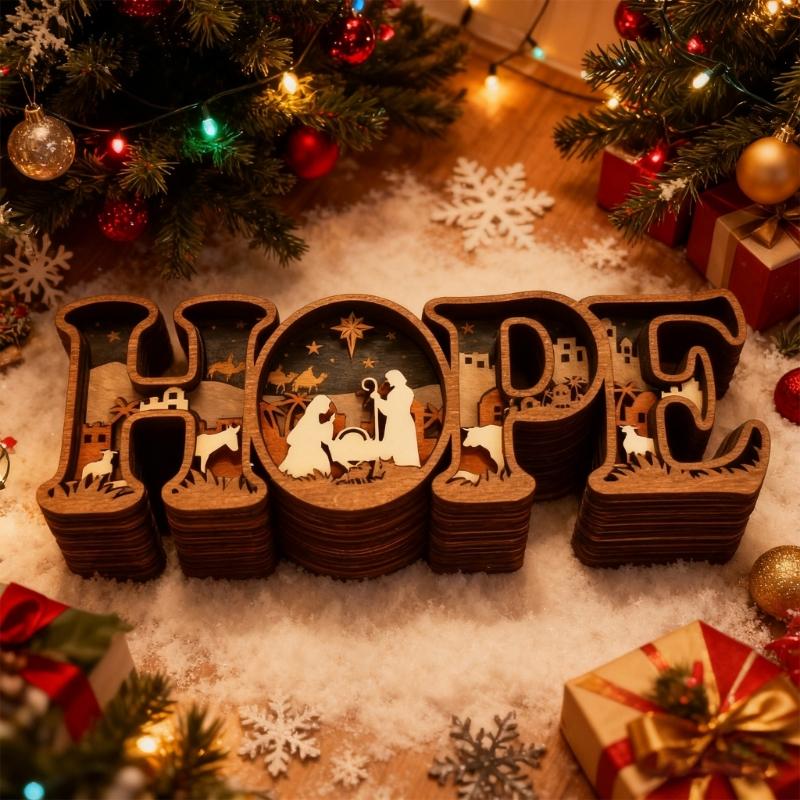 Handcrafted HOPE Letter Wooden Table Sign with Nativity Scene Carved Ornament Home Decors Safe Nontoxic Decoration