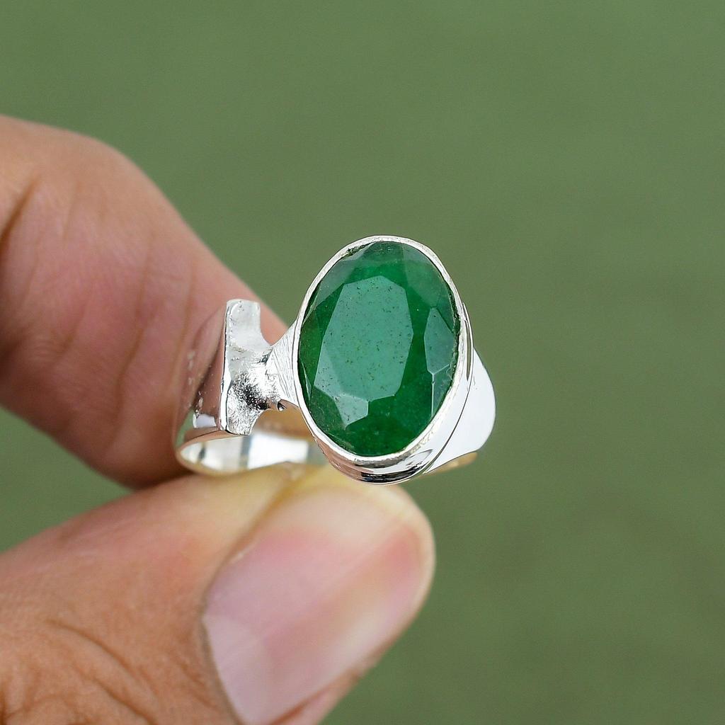 Faceted Zambian Emerald Ring 925 Sterling Silver Ring Boho Style Jewelry Unique Gemstone Ring Handmade Ring For Gifts Available In Ring Size