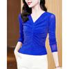 New Autumn V-neck Fashionable Temperament Versatile Bright Silk Mesh Yarn Long Sleeve Chic Base Shirt for Women