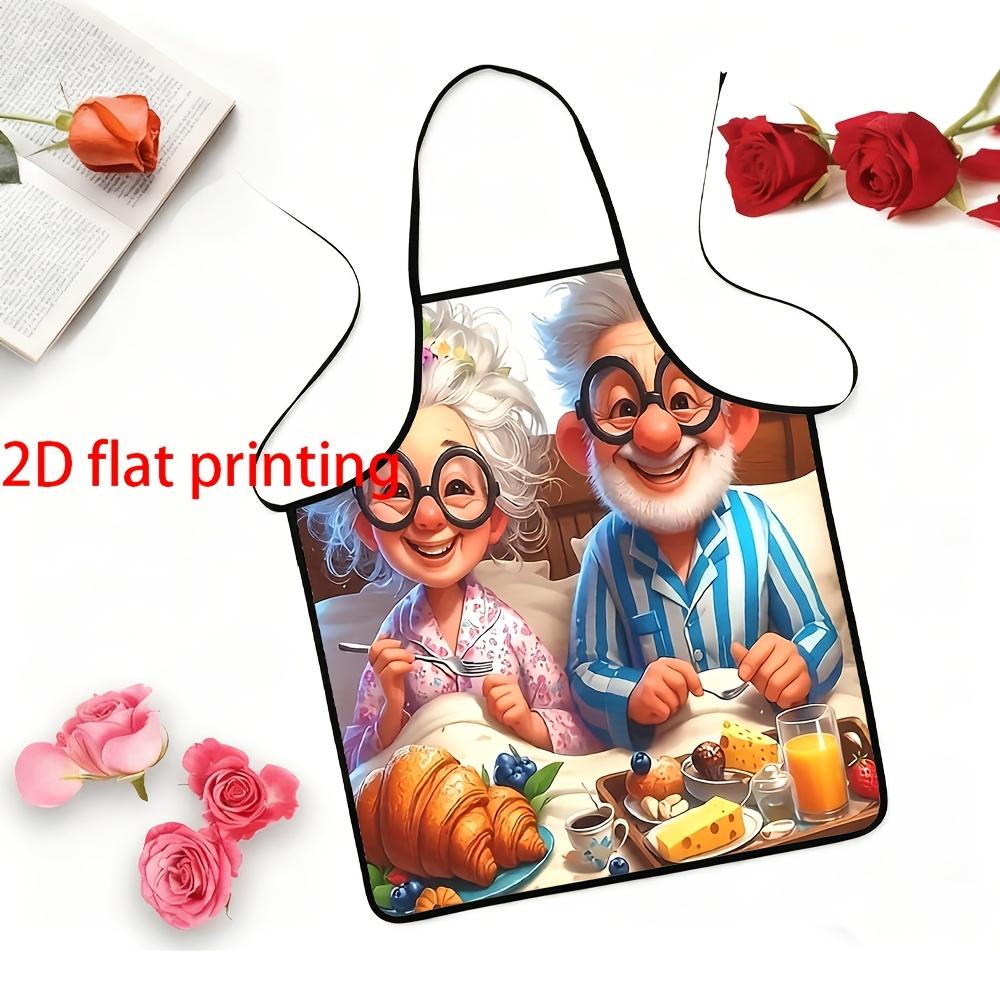 Cute Grandpa and Grandma Cartoon Apron Breakfast Theme Kitchen Cooking Bib Funny Elderly Couple Pattern Multiple Sizes Available