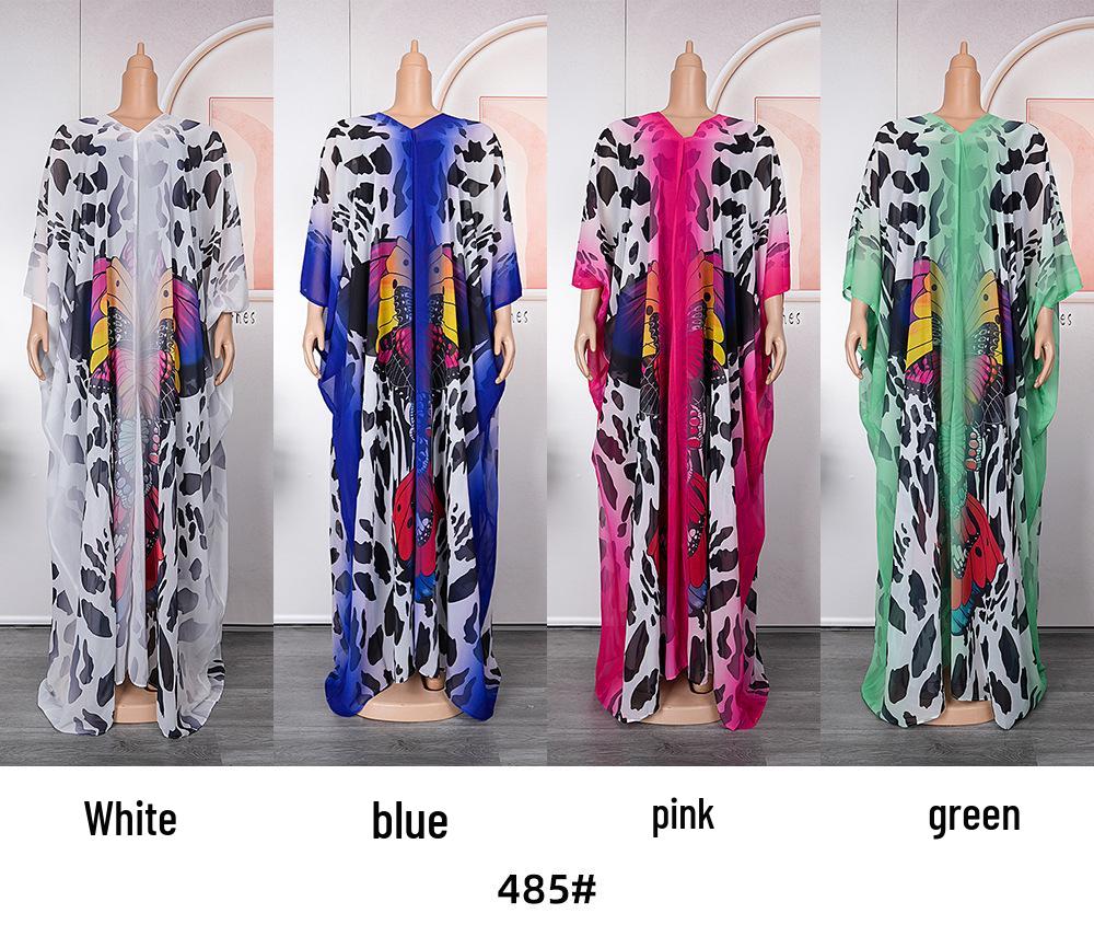 African Women's Plus Size Chiffon Print Beach Dress and Robe Set