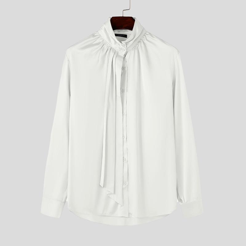 INCERUN Ανδρικά πουκάμισα με ψηλό λαιμό με βολάν, μακρύ μανίκι