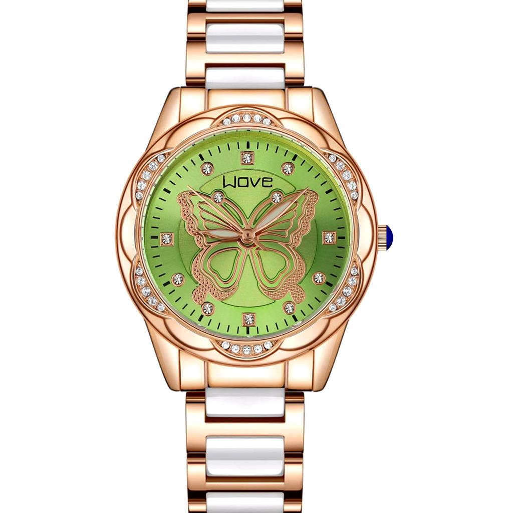 Women Quartz Watch Simulation Ceramic Rhinestone Butterfly Wristwatch
