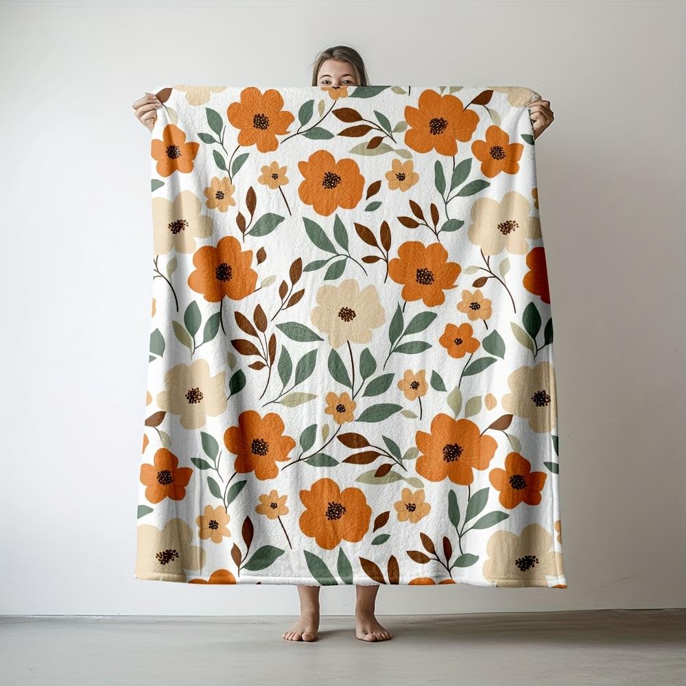1pc Orange Flower Printed Flannel Blanket  280gsm Heavyweight Soft Warm AllSeason Throw with Vibrant Orange  Floral Pattern 75x100cm