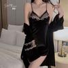 Women's Velvet Mesh Bridal Cami Sleep Dress with Tie Robe Lounge Set