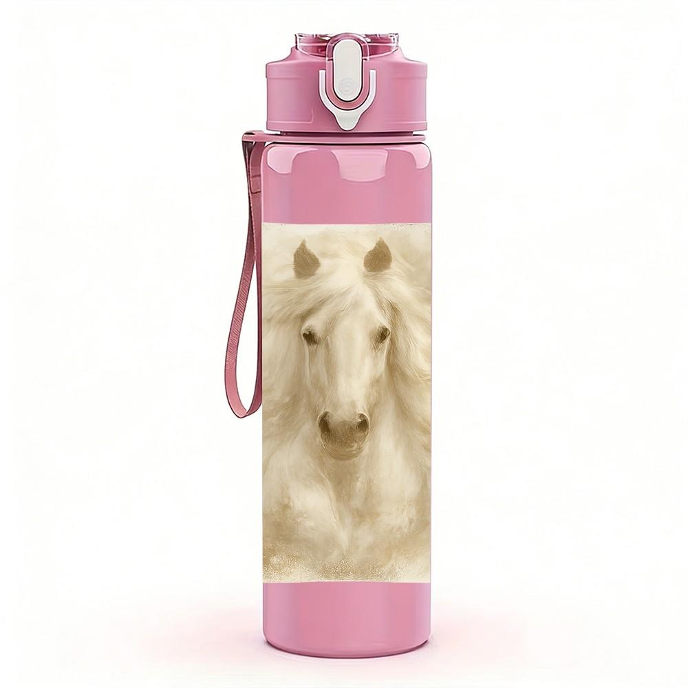 1PC White Horse Soft Portrait Art 750ml Color Plastic Sports Water Bottle Leakproof Flip Straw Lid Suitable for Sports Office Home Use
