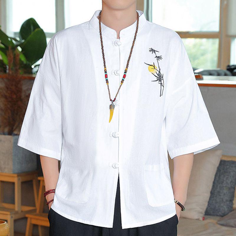 Chinese Men's Three-Quarter Sleeve Embroidered Tang Suit Cardigan Shirt