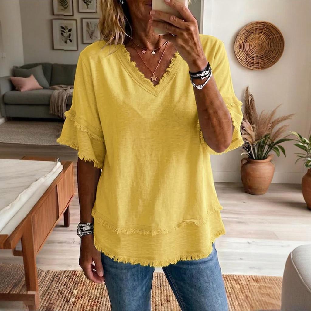 Women's Spring/Summer Casual Fashion V-Neck Pullover Shirt — Loose-Fit, Short Sleeve Top