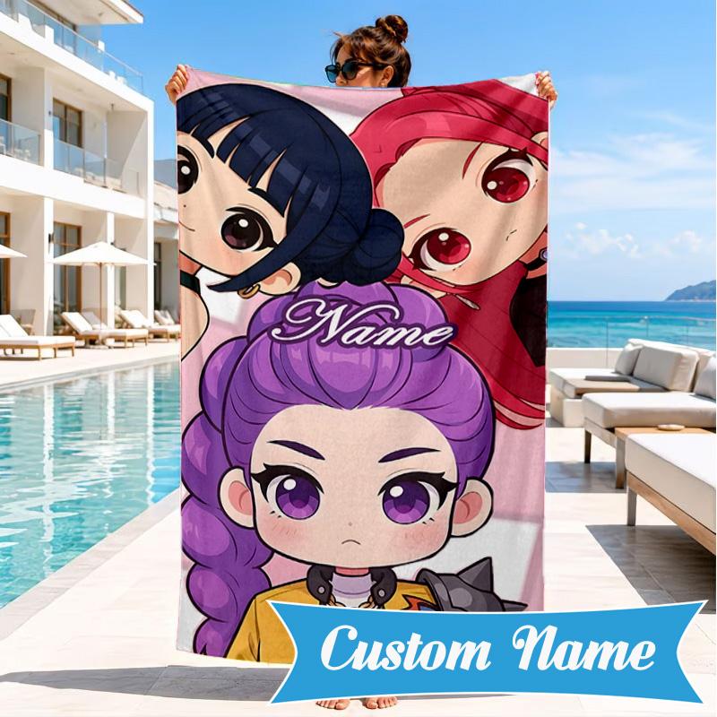 Custom Name KPop Cartoon Beach Towel Microfiber Beach Towel, Lightweight and Quick-Dry, for Summer Travel, Swimming Pool Gift