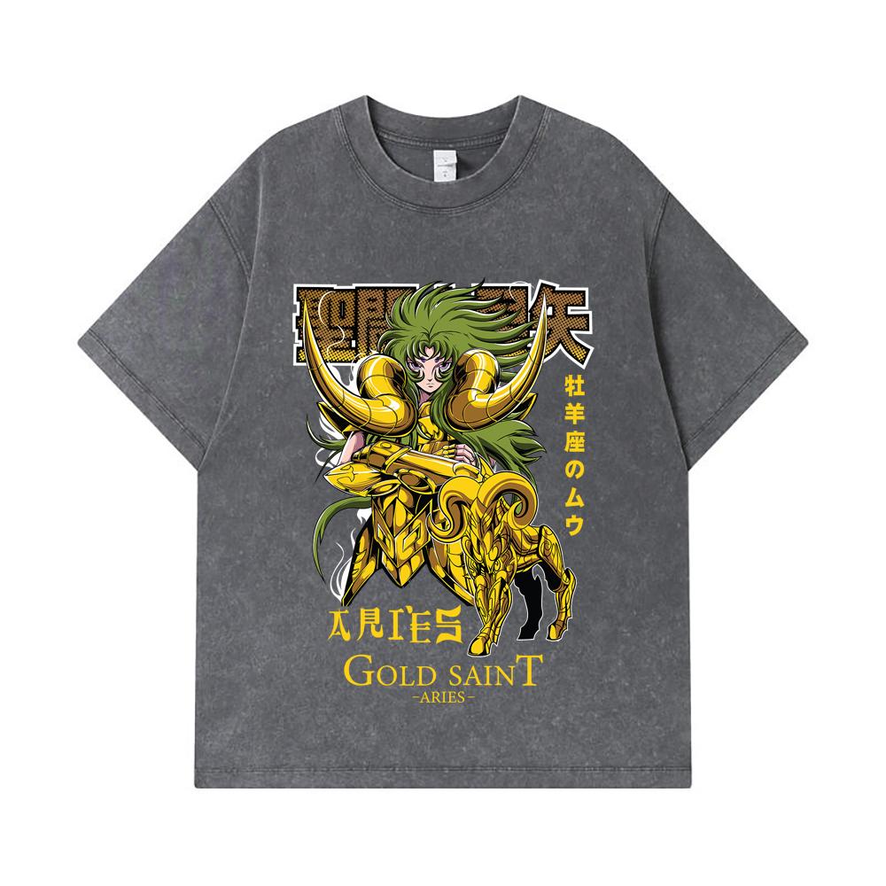 275 GSM Washed T-shirts 100% Cotton Saint Seiya V19 Aries Print Unisex Heavy Cotton T Shirt