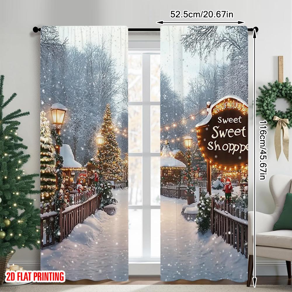 2 Stück 2D Flachdruck Weihnachtsszene Vorhang Winterwunderland 101 100% Polyester Ohne Strom Festliche Wanddekoration