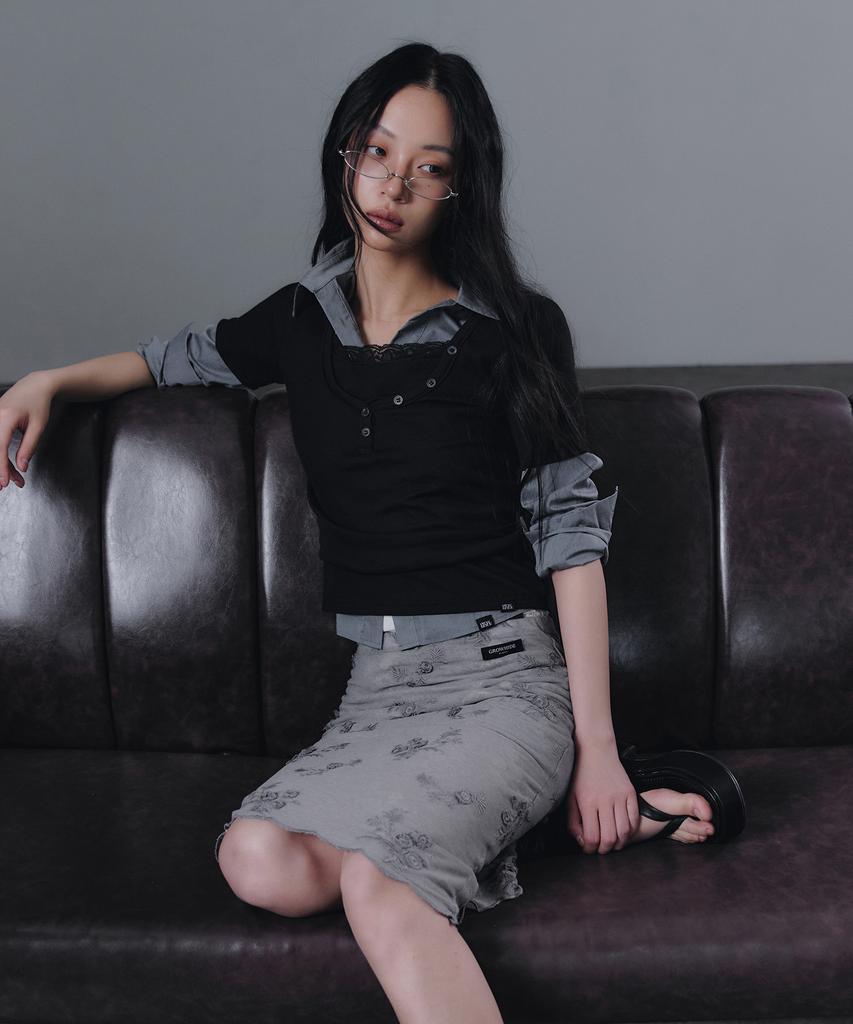 Geulouhaideu Dane Lace Button Short Sleeve T-Shirt_Black