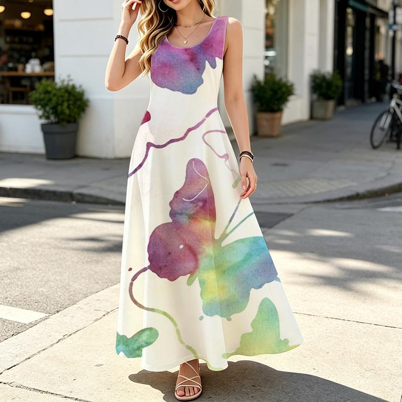 Summer Beach Maxi Dress,Sleeveless Tank Dress Butterfly Collection Watercolor Style,Soft Loose Fit,Fashion Versatile,Ideal for Vacation,Daily Outings