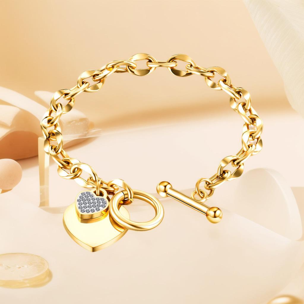 1pc Stainless Steel Bracelet With Heart Pendant, Double Heart OT Buckle Couple Bracelet Unisex