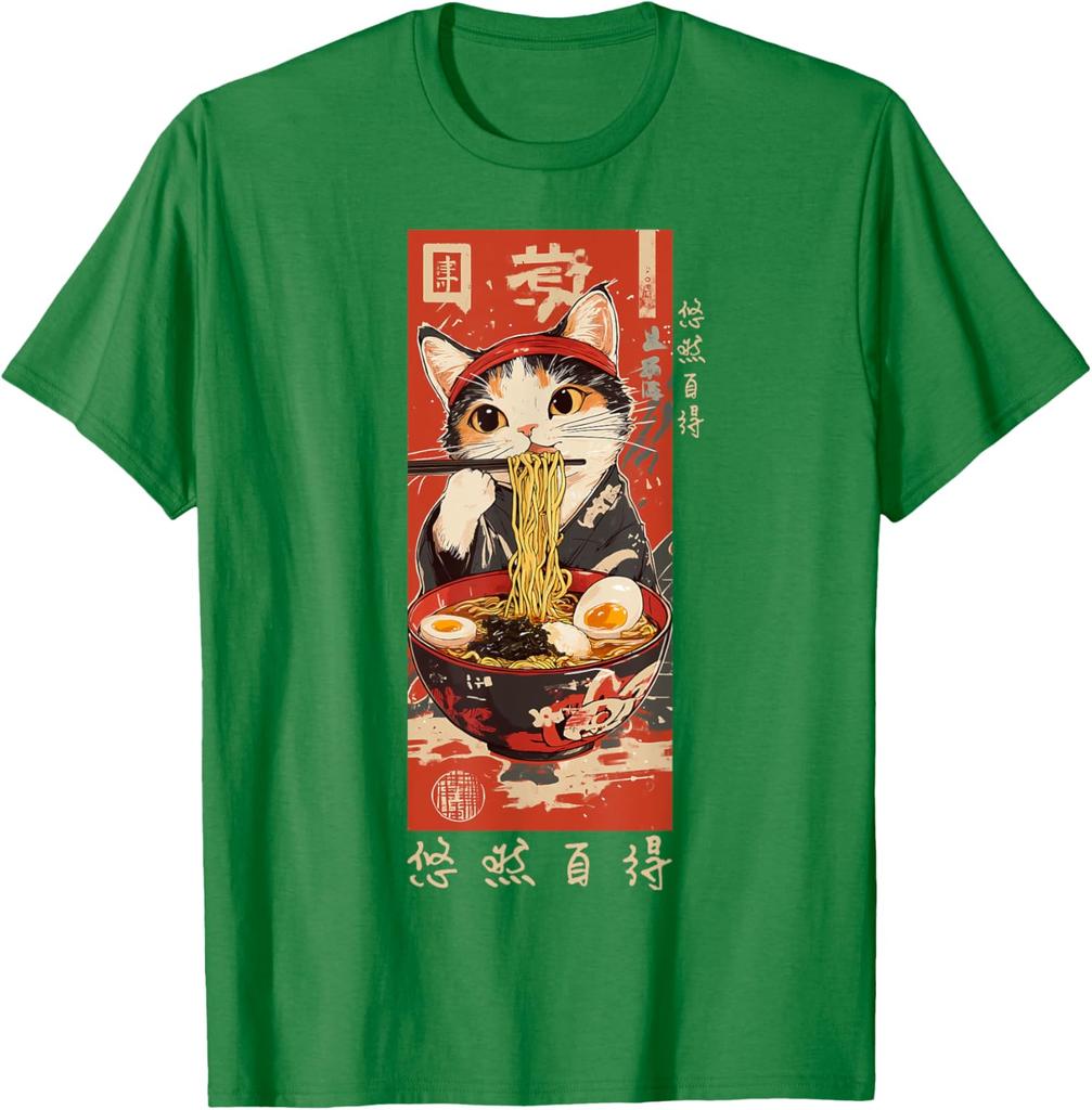 Ramen Cat Eating Noodles Japanese Ukiyoe Style Graphic Tee Casual Cotton TShirt for Men