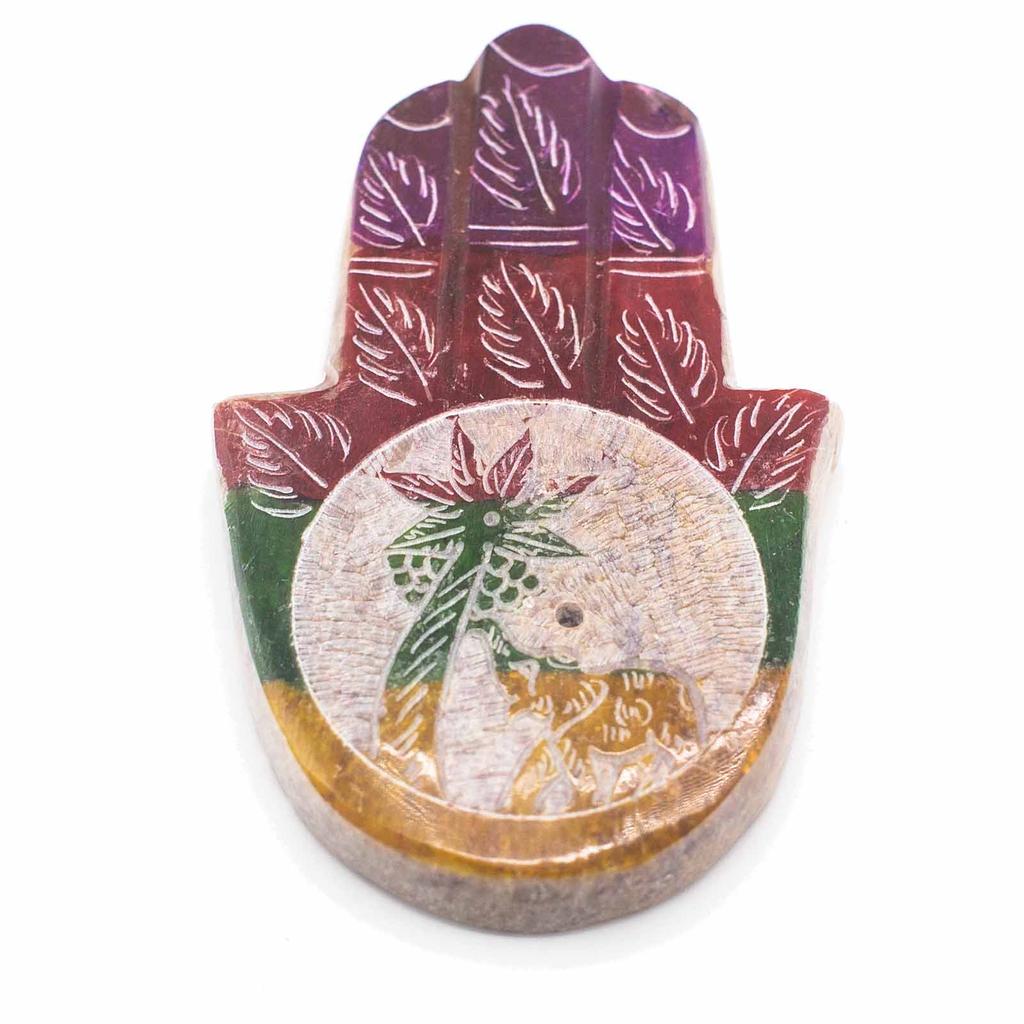 Incense Holder Soapstone Hamsa Elephant And Palm 9x6cm