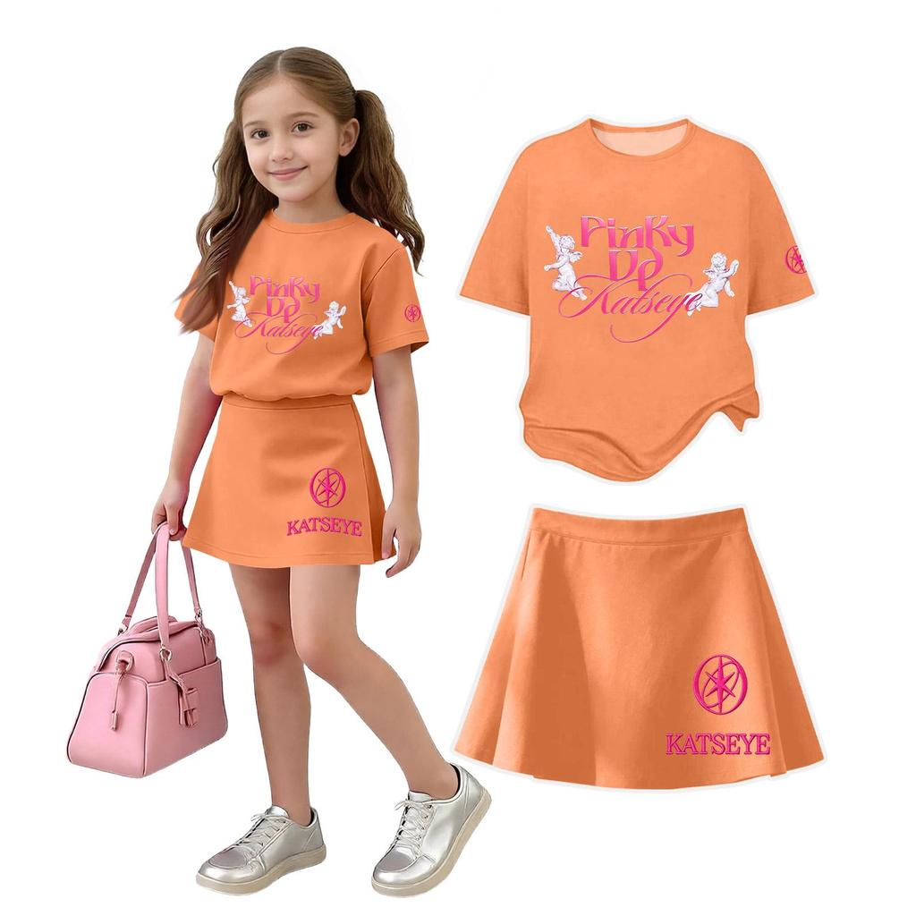 Girls Casual Two Piece Set Loose Fit Short Sleeve Crew Neck Top with Printed Design and Matching Skirt Comfortable Summer Outfit