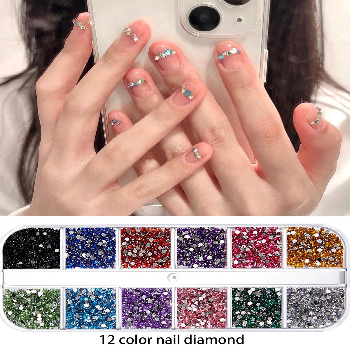 

12-Grid Acrylic Rhinestones for Nail Art - Mixed Colors & Flat-Bottomed