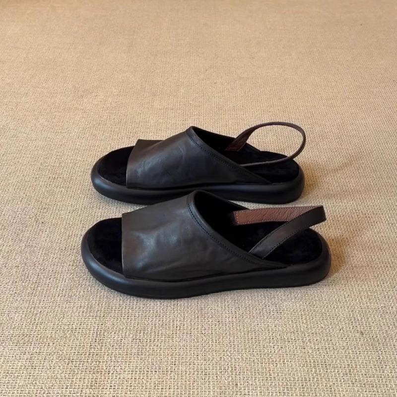 Cowhide version retro open-toed one-word sandals women's summer wear versatile vacation beach shoes flat-bottomed cool slippers
