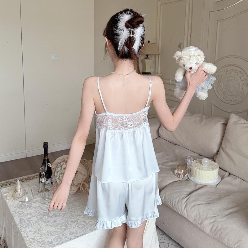 Women's thin summer ice silk pajamas, girls' pure desire suspender shorts, spring and autumn pajamas, pink and sexy loungewear set
