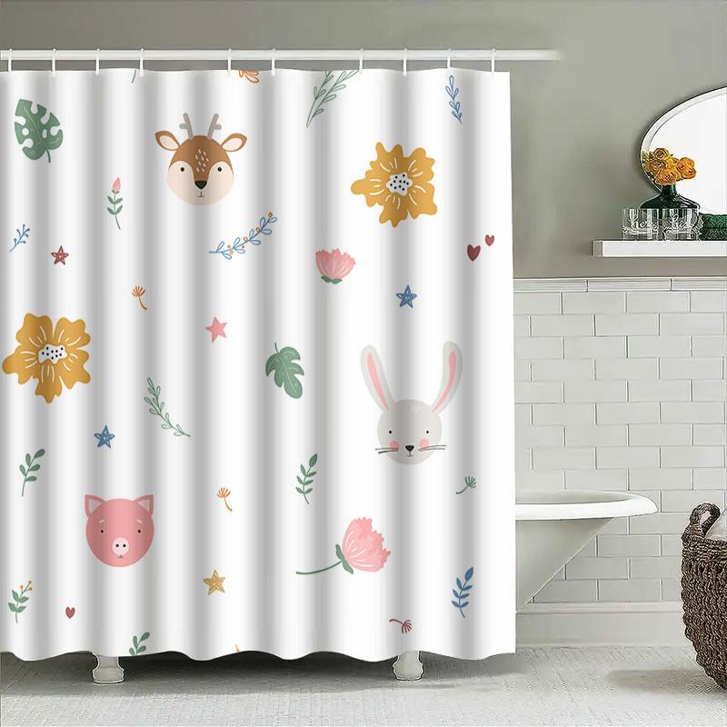 Animal Print Shower Curtain Kids Bathroom Decor For Children'S Room Cute Rabbit Deer Pig Design Flower Shampoo Wash Bag Home Dec