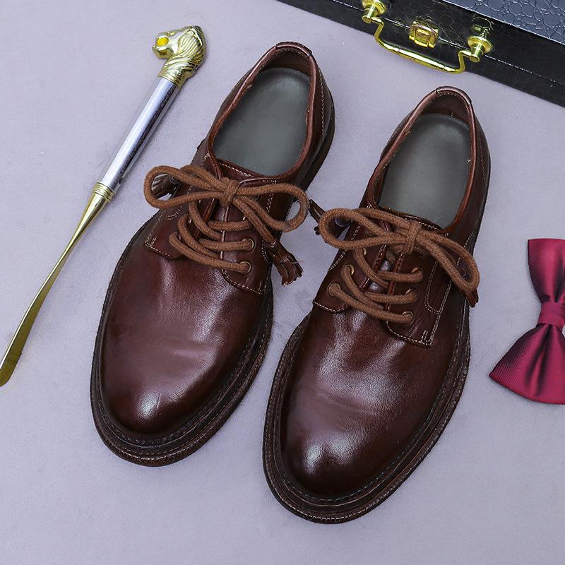 Washed Horse Leather Shoes Men's New Versatile Round Head Thick Heel Lace-up Goodyear Leather Shoes