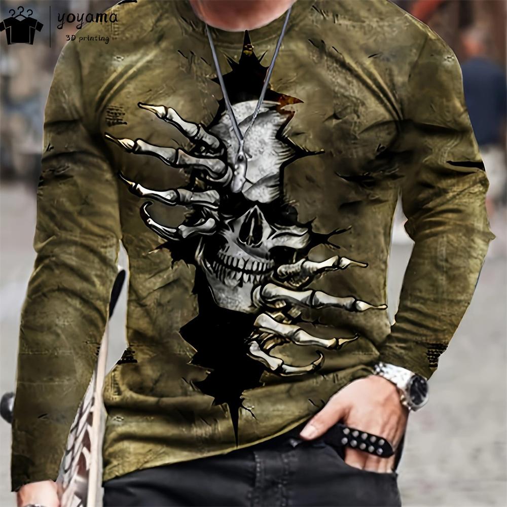 Fashion Skull Print Men's Clothing Casual T Shirt Men Vintage Print Skull Graphic T Shirts Street Loose Long Sleeve T-shirt Tops