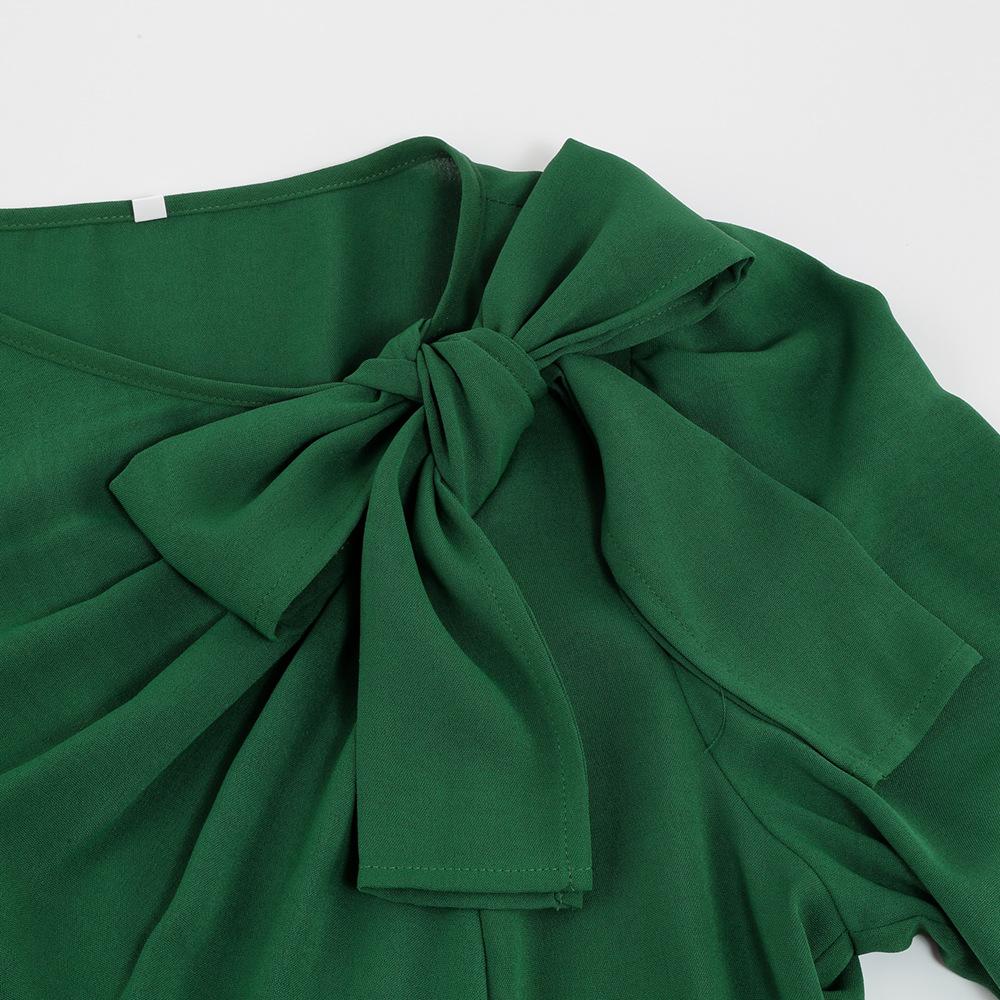 Dámské Podzim Zima O Neck Mašlička Jednobarevné Šaty S-XXL s vysokým pasem a dlouhým rukávem