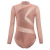 Girls Figure Skating Leotard Sparkling Rhinestones Sheer Mesh Long Sleeves Cutout Back Design Gymnastics Competition Costume