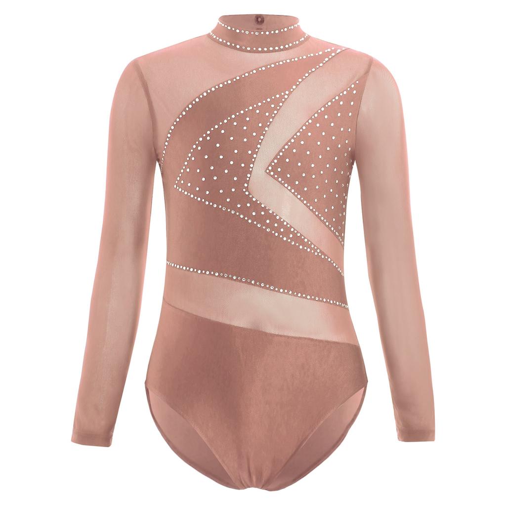 Girls Figure Skating Leotard Sparkling Rhinestones Sheer Mesh Long Sleeves Cutout Back Design Gymnastics Competition Costume