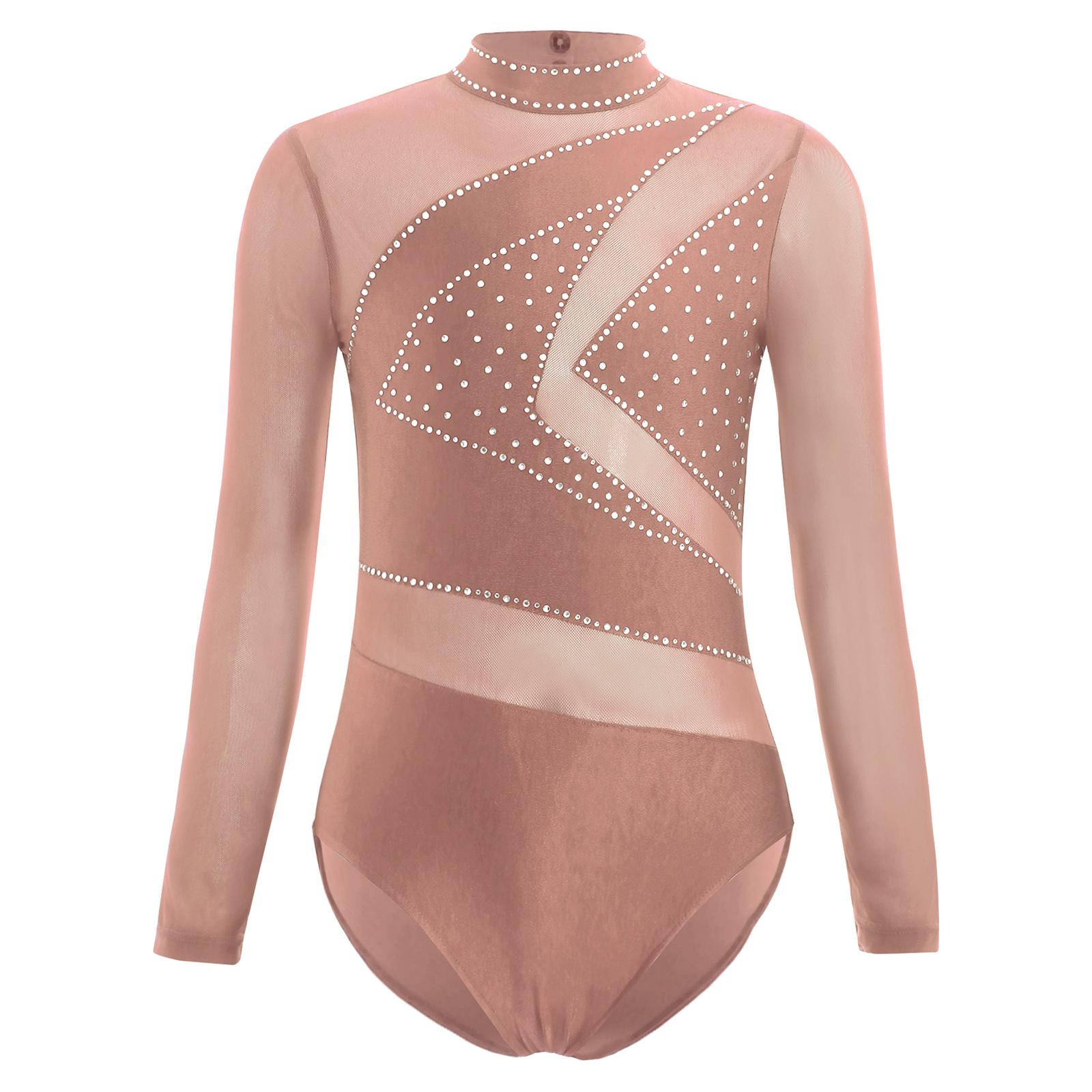 

Girls Sparkly Rhinestone Gymnastics Leotard Long Sleeve Sheer Mesh Performance Top Cutout Back Design for Figure Skating 5-6 Years