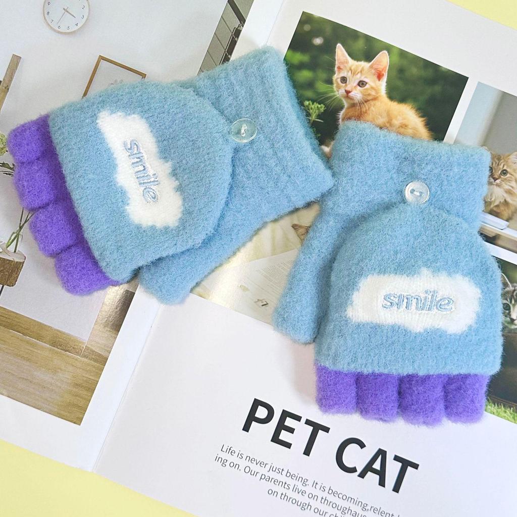 Children's Velvet Thickened Knitted Gloves: Warm, Finger-Accessible, Cartoon Design for Autumn/Winter