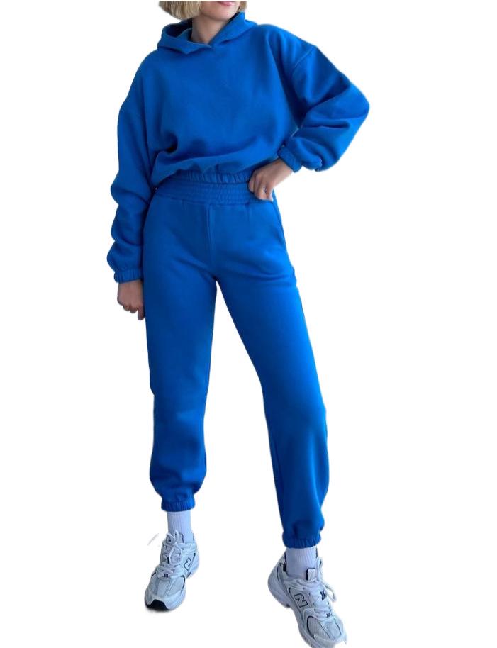 2023 Autumn/Winter Women's Solid Color Hooded Sweatshirt Two-Piece Set - Sports Casual