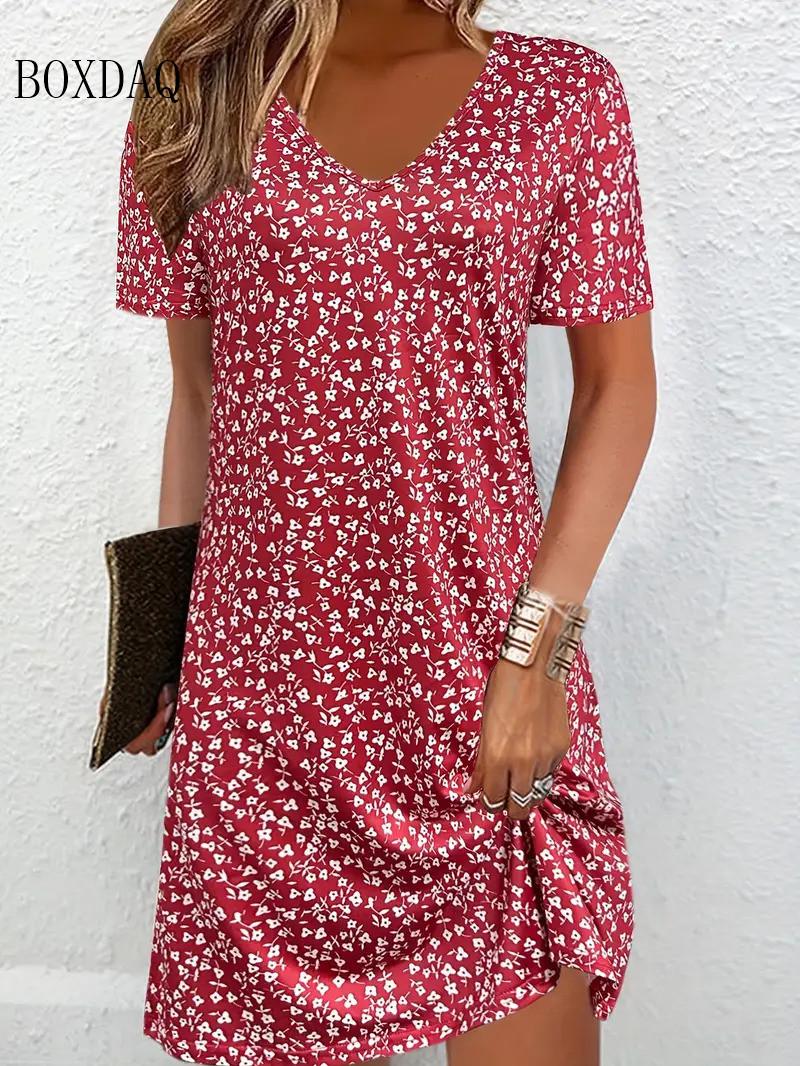 

Summer Short Sleeves V-Neck Dress Women Beach Party Dress 3D Floral Print Casual Loose Dress L